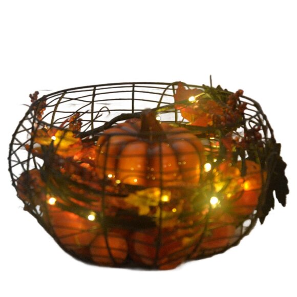 Illuminated Fall Centerpiece with Pumpkins and Autumn Foliage in Wire Basket - Picture 1 of 5